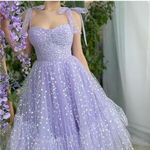 Elegant Lavender Midi Dress with Heart Accents Whimsical gown garden tea party
